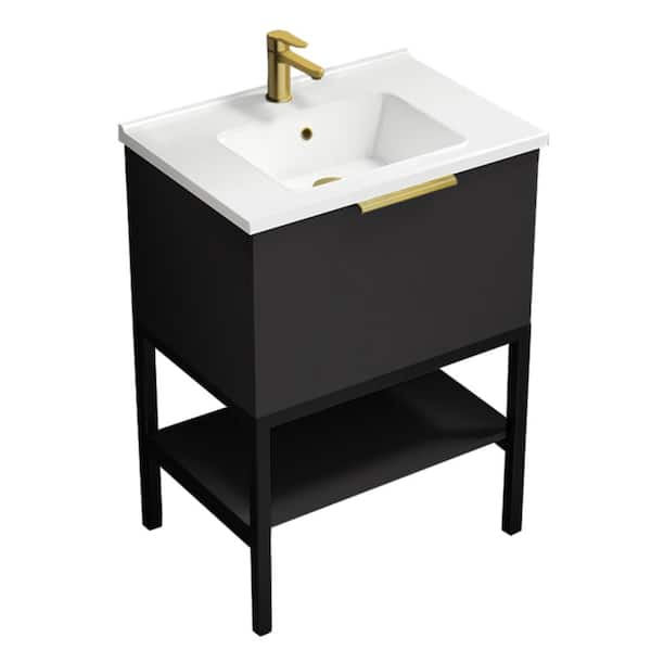 Nameeks Bodrum 25.59 in. W x 17.72 in. D x 35.04 in. H Modern Bathroom Vanity in Matte Black With White Ceramic Top