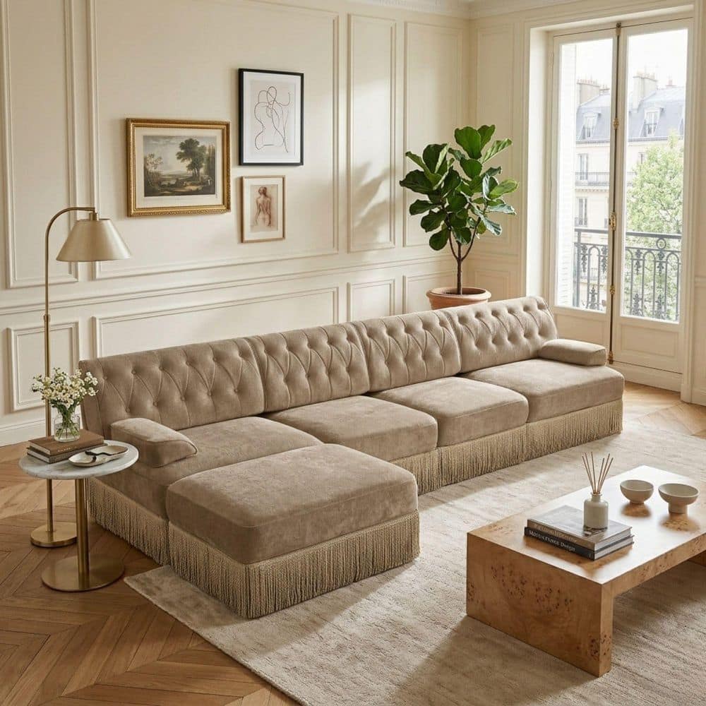 LEON 135.6 in. Pillow Top Arm 5-Piece Velvet Modular Sectional Sofa Set with Fringe Skirt and Ottomans, in Warm Taupe price history on PriceWatchPro