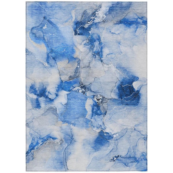 Navy Blue 5 ft. x 8 ft. Woven Abstract Polyester Rectangle Indoor / Outdoor Area Rug