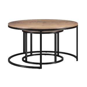 Watson 35 in. Nested Blackened Bronze and Rustic Oak Steel Round Coffee Table Set with Glass Top