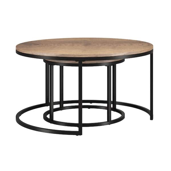 Meyer&Cross Watson 35 in. Nested Blackened Bronze and Rustic Oak Steel Round Coffee Table Set with Glass Top