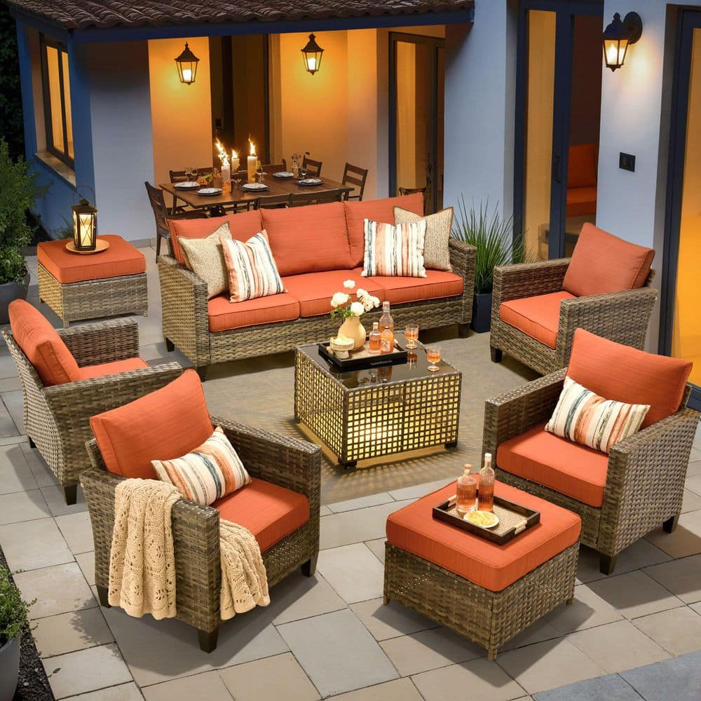New Vultros Gray 8-Piece Wicker Patio Conversation Set with Orange Red Cushions and Solar LED Coffee Table price history on PriceWatchPro