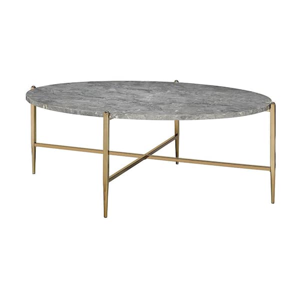 48 in. Tainte Faux Marble and Champagne Finish Oval Marble Coffee Table