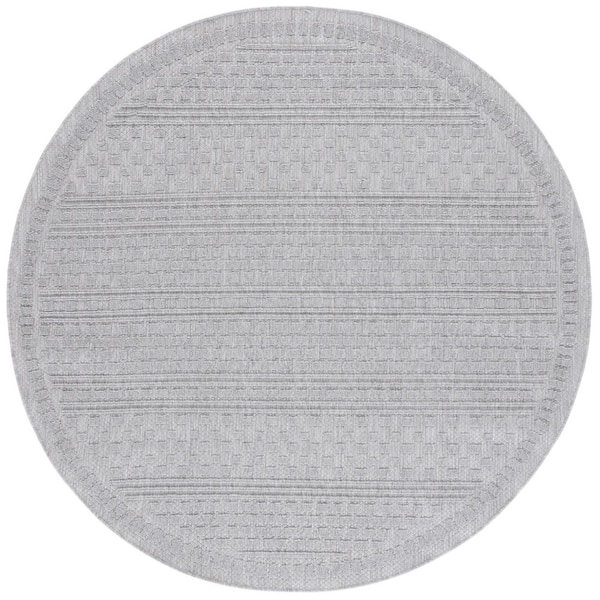 Milos Gray 7 ft. x 7 ft. High-Low Geometric Striped Round Indoor/Outdoor Area Rug