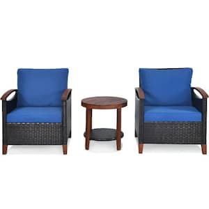 3-Piece Wicker Outdoor Bistro Set with Blue Cushions