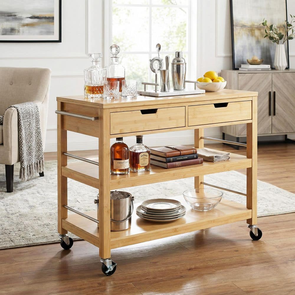 Harper & Bright Designs Natural Bamboo Wood Top Bar Cart Kitchen