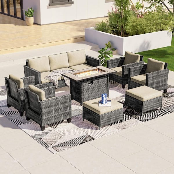 Sonkuki 8-Pieces Patio Conversation Set with Rectangle Fire Pit Table and Ottomans, Gray Wicker Sofa with Beige Cushion