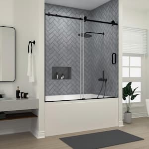 Luxe 60 in. W x 60 in. H Sliding Semi Frameless Tub Door in Matte Black Finish with Clear Glass