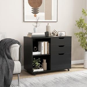 3-Drawer Black Wood 32 in. W Vertical File Cabinet w/Open Adjustable Storage Shelf for Home Office