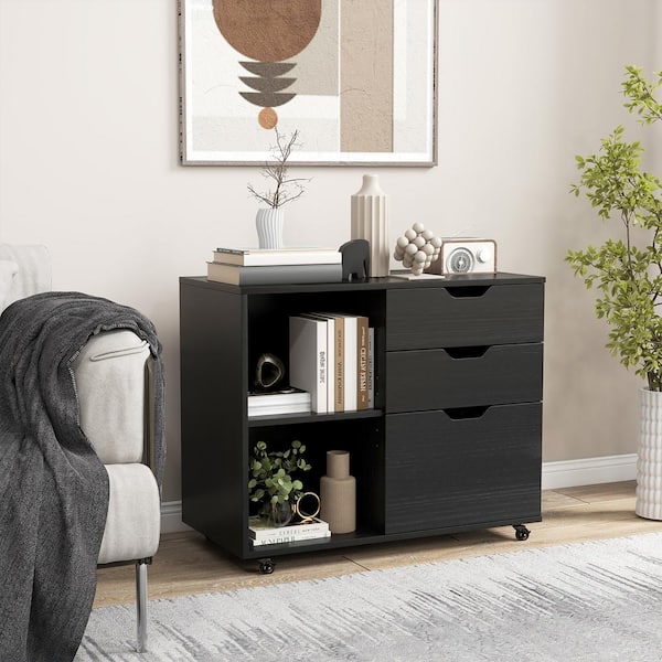 Gymax 3-Drawer Black Wood 32 in. W Vertical File Cabinet w/Open Adjustable Storage Shelf for Home Office