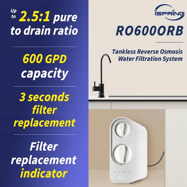 Tankless Reverse Osmosis Water Filtration System, 600 GPD Fast Flow, Oil Rubbed Black Faucet, 2.5: 1 Pure to Drain Ratio