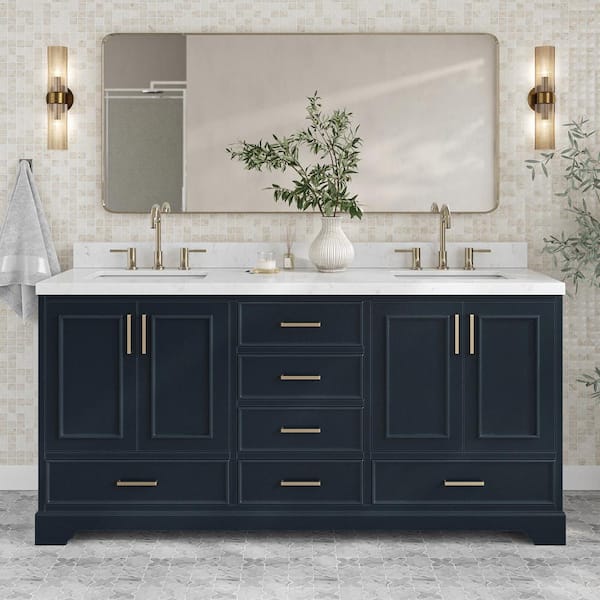 ARIEL Stafford 72 in. W x 22 in. D x 36 in. H Double Freestanding Bath Vanity in Midnight Blue with Carrara White Quartz Top