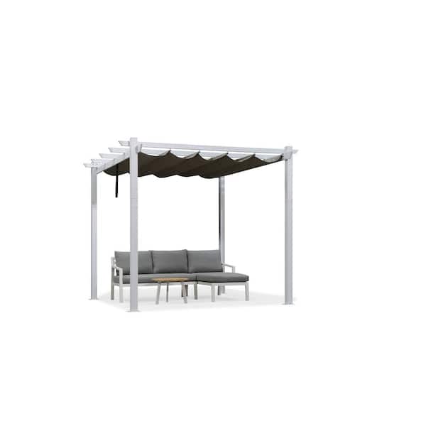 PURPLE LEAF 10 ft. x 10 ft. Gray Aluminum Outdoor Retractable Pergola with Sun Shade Canopy Cover White Patio Shelter
