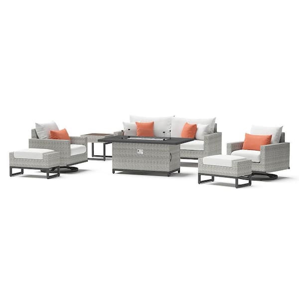 RST BRANDS Milo Grey 7-Piece Wicker Motion Fire Patio Conversation Set with Sunbrella Cast Coral Cushions