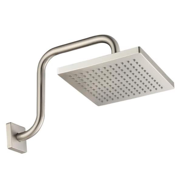 MODONA 1-Spray Patterns 8 in. Single Spray Wall Mounted Square Fixed Shower Head with Square Shower Arm SET in Satin Nickel