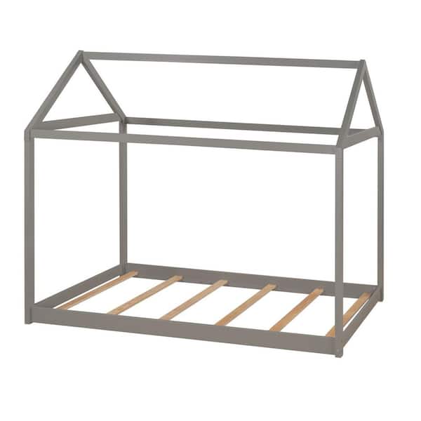 Twin Size House Bed, Wooden Daybed, Floor House Bed Frame for Toddlers,Teens,Girls,Boys,Kids, Can Be Decorated (Gray)