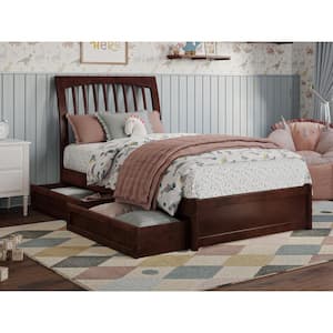 Roslyn Walnut Brown Solid Wood Frame Twin Platform Bed with Panel Footboard and Storage Drawers