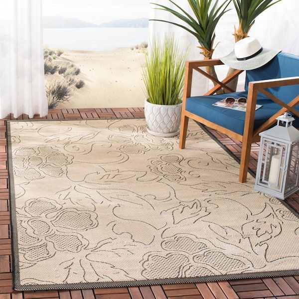 Courtyard Sand/Black 5 ft. x 8 ft. Floral Indoor/Outdoor Patio  Area Rug