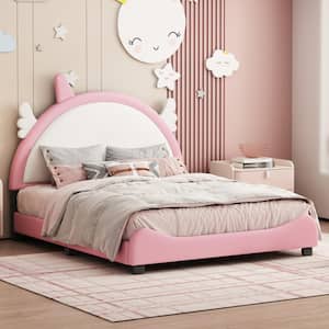 Pink Full Size Upholstered Wooden Platform Bed with Unicorn Shape Headboard and Footboard