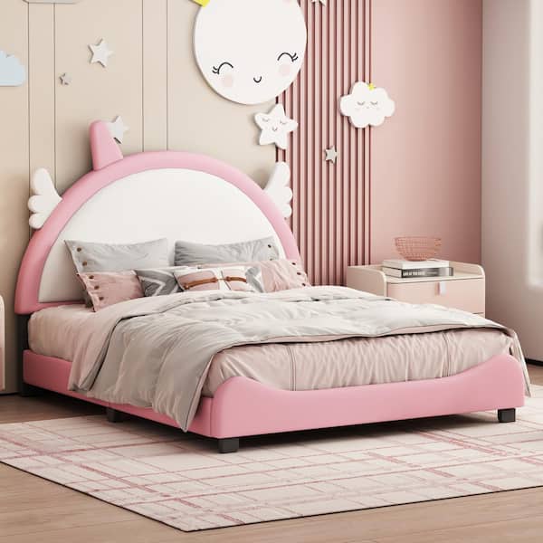 Harper & Bright Designs Pink Full Size Upholstered Wooden Platform Bed with Unicorn Shape Headboard and Footboard