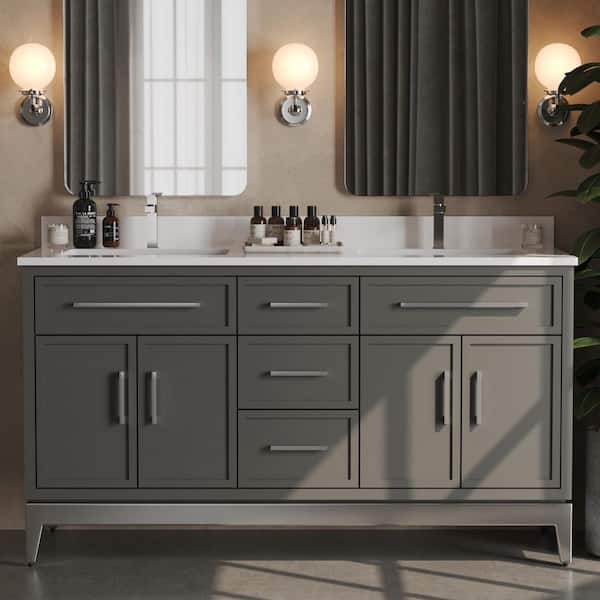 Barrington 63in. Double Freestanding Gray Bath Vanity with White Quartz Top