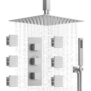 Thermostatic 5-Spray 12 in. Ceiling Mount Dual Shower Head and Handheld Shower 2.5 GPM in Brushed Nickel(Valve Included)
