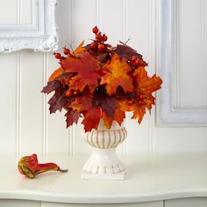 20 in. Autumn Maple Leaf and Berries Artificial Plant in White Urn