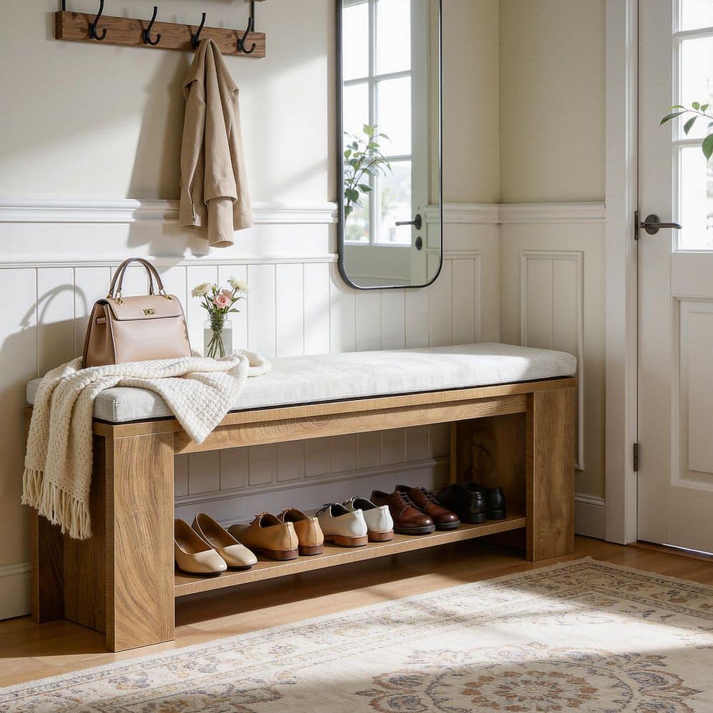 47.2 in. Brown Wood Entryway Bench Shoe Bench Indoor Bench with Base & Storage for Entry Way, Living Room, Bedroom