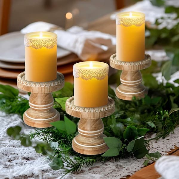 Set of 3 Brown Wood Candle Holders-Rustic Farmhouse Pillar Candle Stands