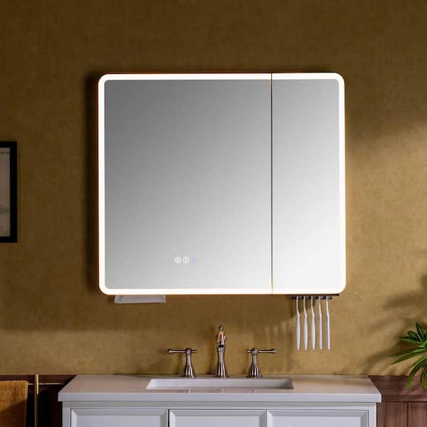 30.75 in. W x 27.5 in. H Rectangular Aluminum Surface-Mount Bathroom Medicine Cabinet with Mirror and LED Light in White