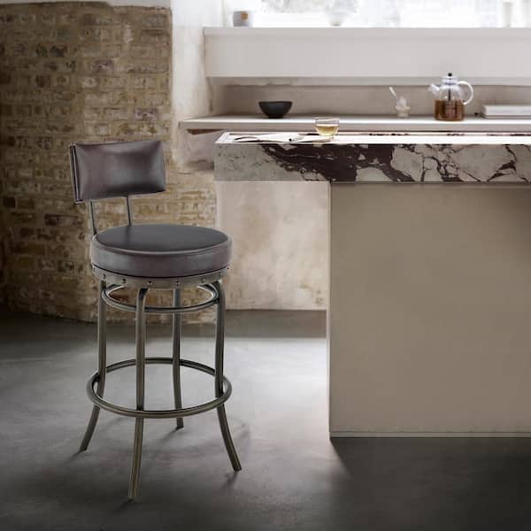 Armen Living Rees 26 in. Brown Low Back Metal Counter Stool with Faux Leather Seat
