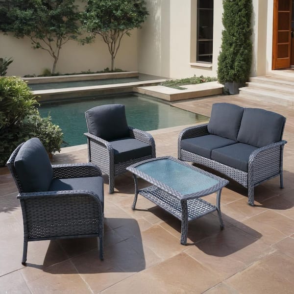 weaxty W Hyacinth Gray 4-Piece Wicker Patio Outdoor Conversation Seating Set with a Coffee Table and Black Cushions