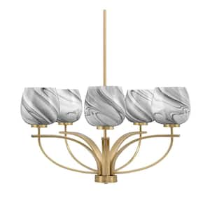 Olympia 5-Light New Age Brass Round Chandelier with 6 in. Onyx Swirl Glass Shades, No bulbs included