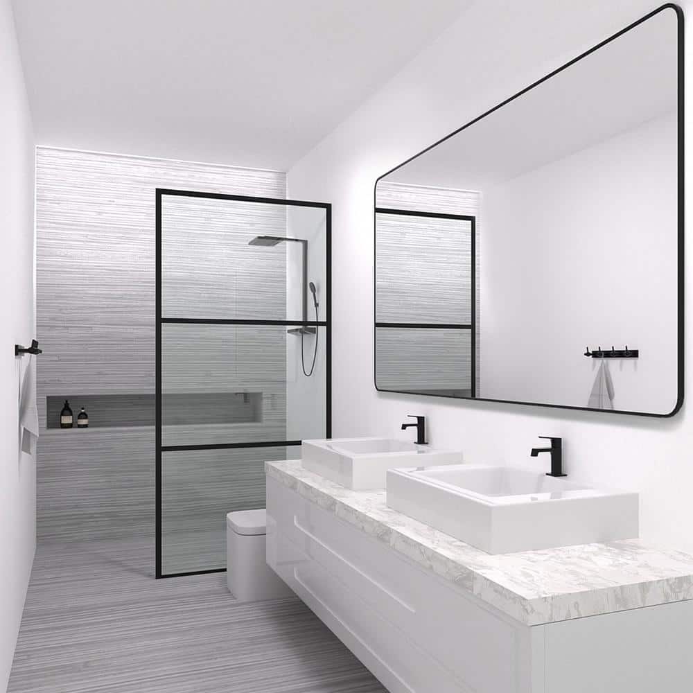 34-Inch Matte Black Framed Shower Door with Patterned Glass
