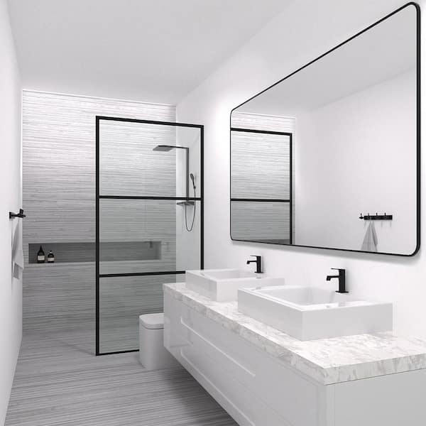 34 in. W x 72 in. H Fixed Framed Shower Door in Matte Black Finish with Patterned Glass