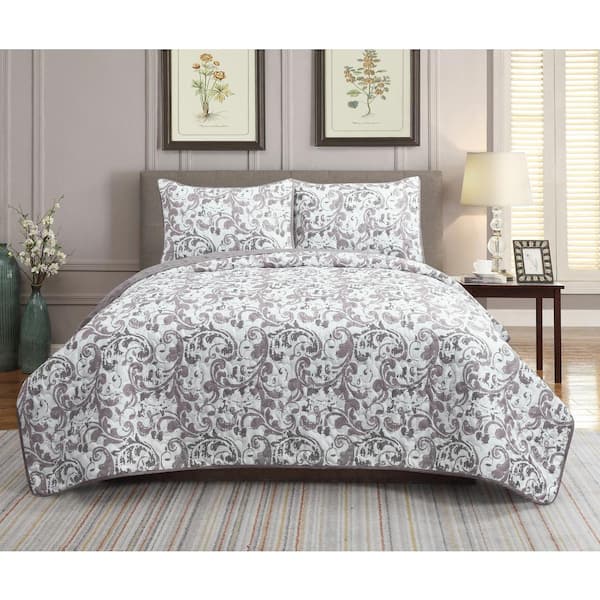 Scroll 3-Piece Lilac Microfiber Full/Queen Quilt Set