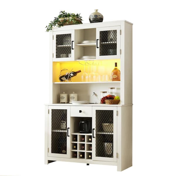 Polibi Farmhouse Coffee Bar Cabinet with LED Lights and Outlets, Buffet Cabinet with Wine Bottle and Wine Glass Rack