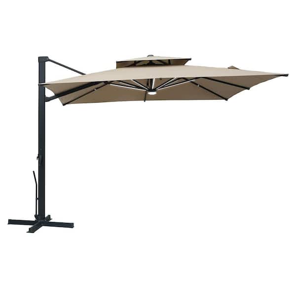 Mondawe 10 ft. x 10 ft. Square Aluminum 360° Rotation Outdoor Patio Cantilever Umbrella with LED Strip, in Tan