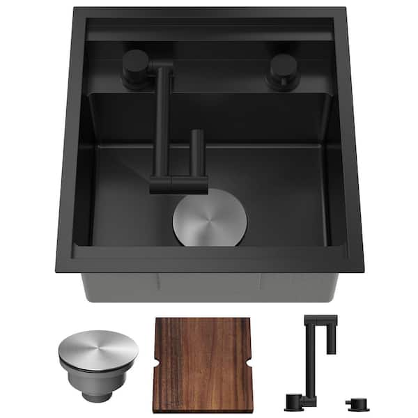Unbranded 17 in. x 16 in. Undermount Stainless Steel Kitchen Sink with Foldable Tap in Black