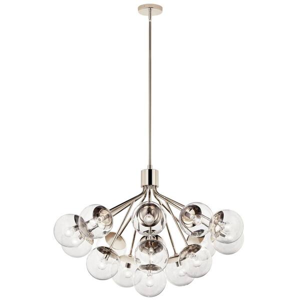 Silvarious 38 in. 16-Light Polished Nickel Modern Clear Glass Shaded Convertible Chandelier for Dining Room