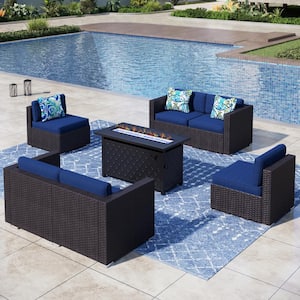 Dark Brown Rattan Wicker 6 Seat 7-Piece Steel Outdoor Fire Pit Patio Set with Blue Cushions and Rectangular Fire Pit