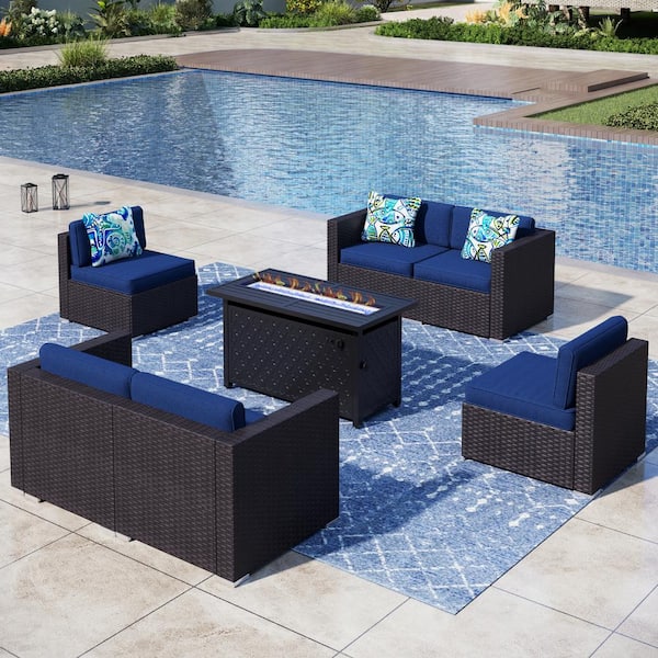 PHI VILLA Dark Brown Rattan Wicker 6 Seat 7-Piece Steel Outdoor Fire Pit Patio Set with Blue Cushions and Rectangular Fire Pit