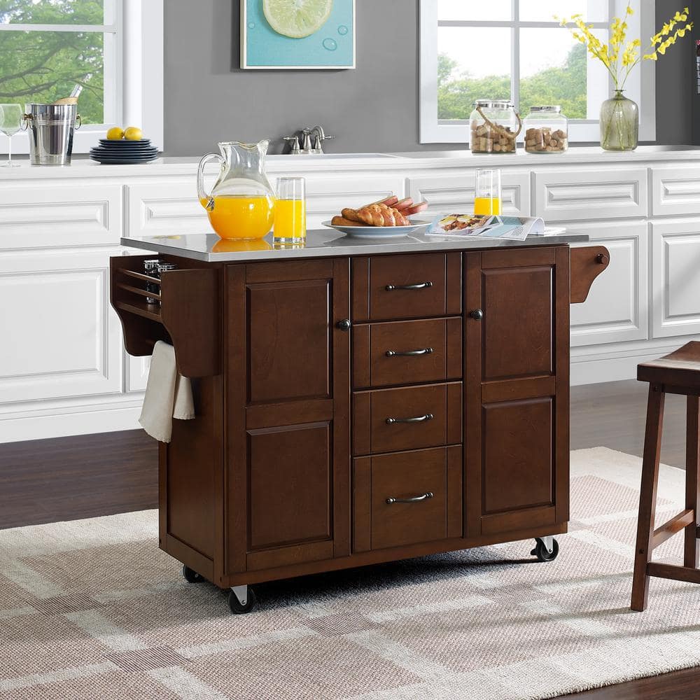 Mahogany and Stainless Steel Kitchen Cart with Spice Rack