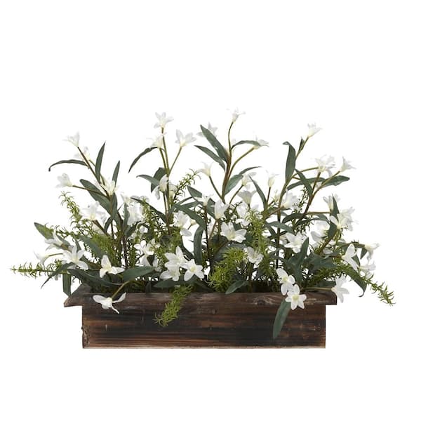 D&W Silks 30 in. Artificial Indoor White Phlox Flowers in Rectangle Wooden Planter