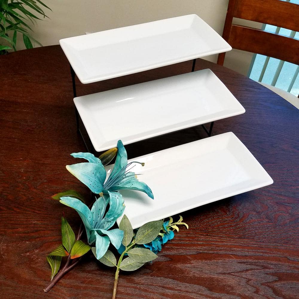 Elegant Ceramic 3-Tier Rectangular Serving Plate Set with Matte Stand
