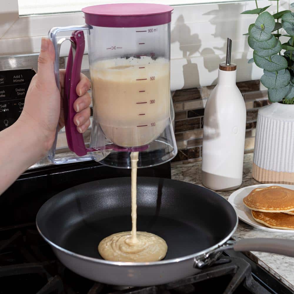 Purple 4-Cup Plastic Pancake Batter Dispenser with Squeeze Handle