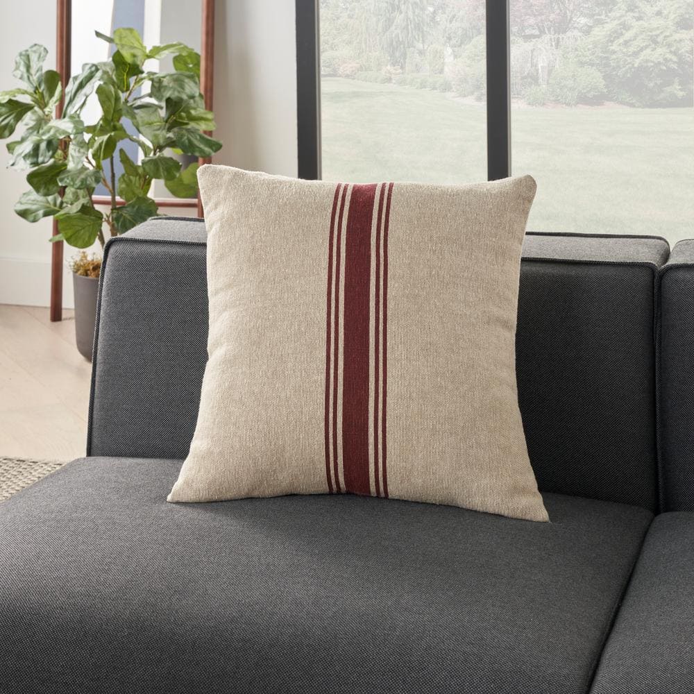 20" Maroon and Beige Cotton Linen Striped Square Throw Pillow