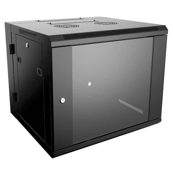 9U Black Wall Mount Rack Cabinet 21.2 in. Width Steel Enclosure with Key Lock, Removable Sides and Cable Access