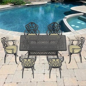 7-Piece Black Cast Aluminum Outdoor Dining Set, Patio Furniture with Rectangle Table and Random Color Cushions