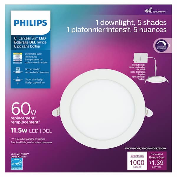 dans ekstra afstemning Philips LED 5 in. / 6 in. 60-Watt Equivalent Slim Canless Recessed Light  5CCT (2-Pack) 580399 - The Home Depot